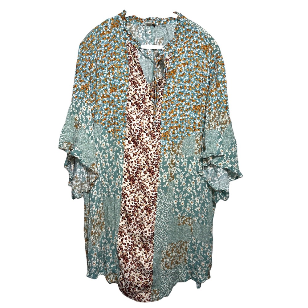 Umgee USA Patchwork Boho Dress S Mixed Print Floral Ruffle Sleeve Shift